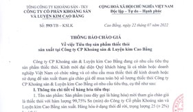 Thông báo chào giá vv Tiêu thụ sản phẩm thiếc thỏi sản xuất tại Công ty